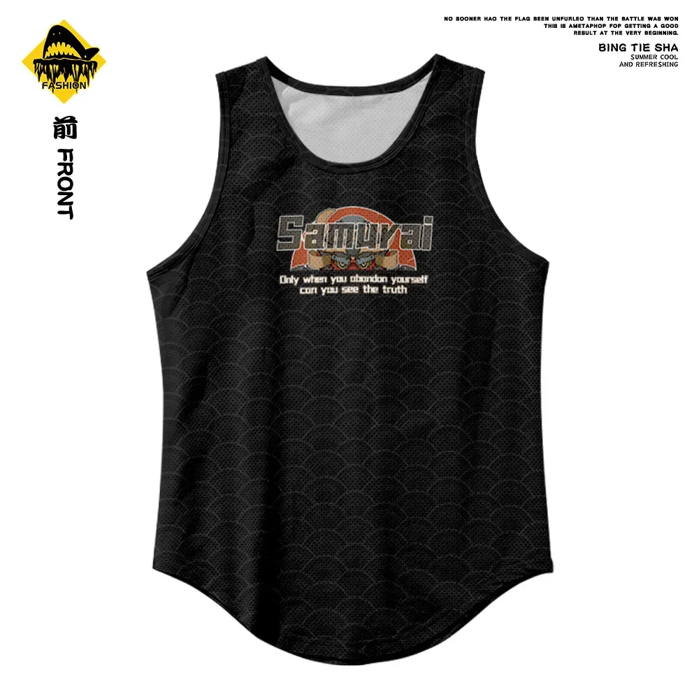Men Fitness Black Print Clothing Summer Running Vest 2021 New Gym Tank Tops Quick Dry Sleeveless Samuari Sports Shirt