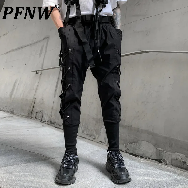 PFNW Functional Style Men's Pants Casual Stringing Binding Leg Loose Elastic Waist Drawstring Male Bottom Dark Autumn 12C440