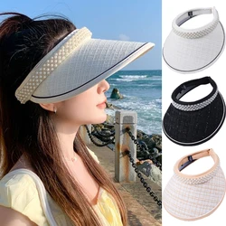 Summer Large Brim Sun Hats for Women Korea Fashion Empty Top Cap Pearl Headband UV Protection Hat Female Visor Beach Accessories