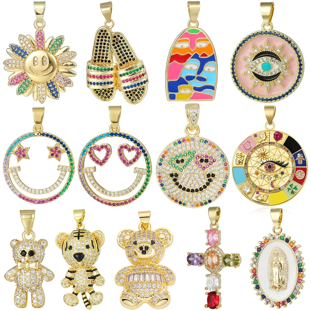 

Juya New Design 18K Real Gold Plated Smile Face Greek Evil Eye Cross Saint Mary Bear Tiger Charms For DIY Pendant Jewelry Making