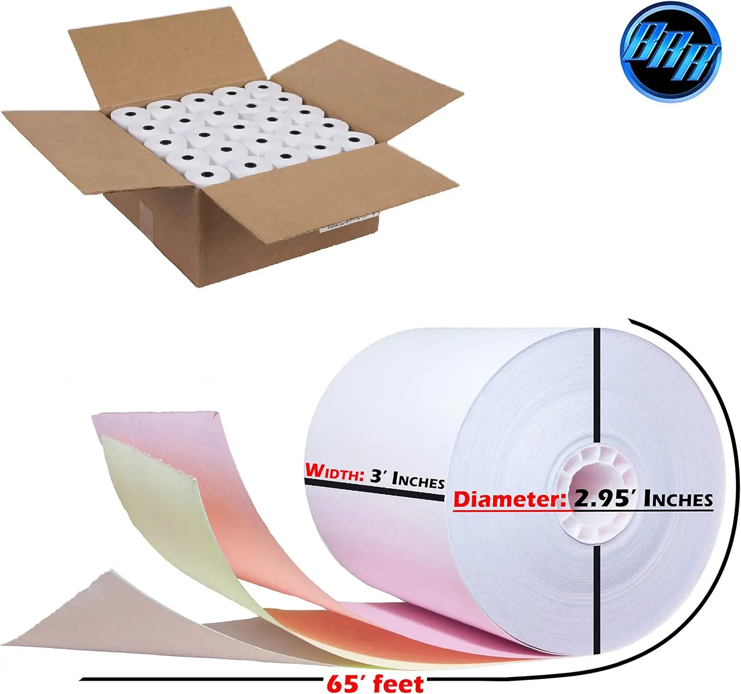 3-warstwowy 3-calowy, 65 cali stóp (50 rolek - 60 GSM) Biały/Canary/Różowy Bezwęglowy papier kuchenny 50 rolek TMU 220 Kup RegisterRolls 3-warstwowy