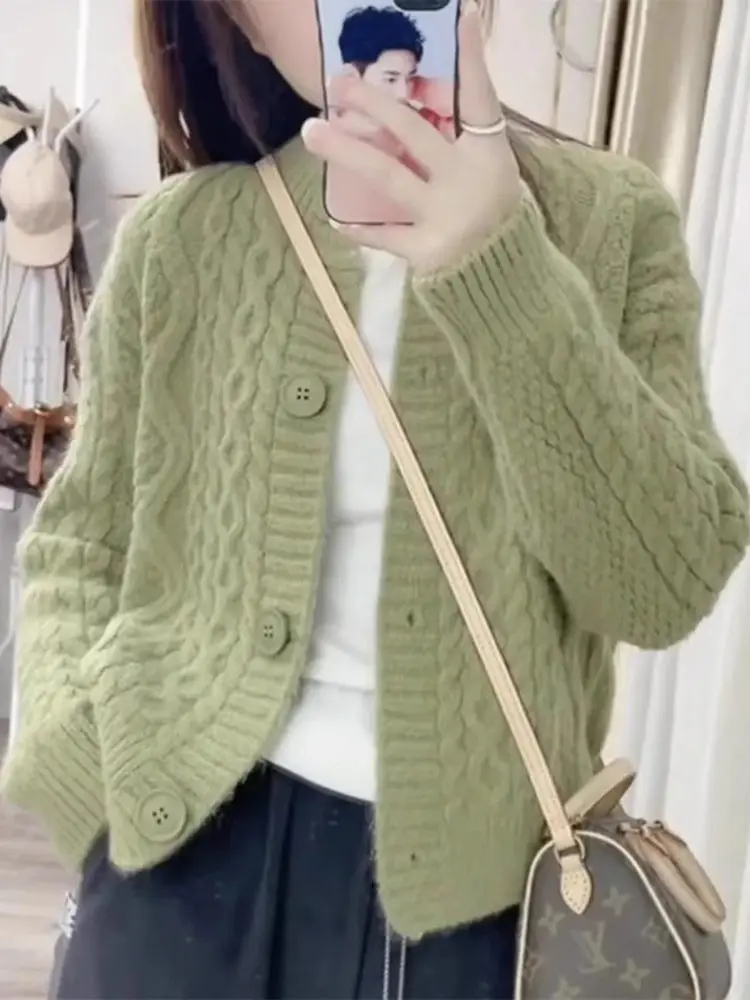 Autumn Winter Loose round Neck  Color Sweater Jacket Short Open Cardigan  Design Women's Long Sleeve Top