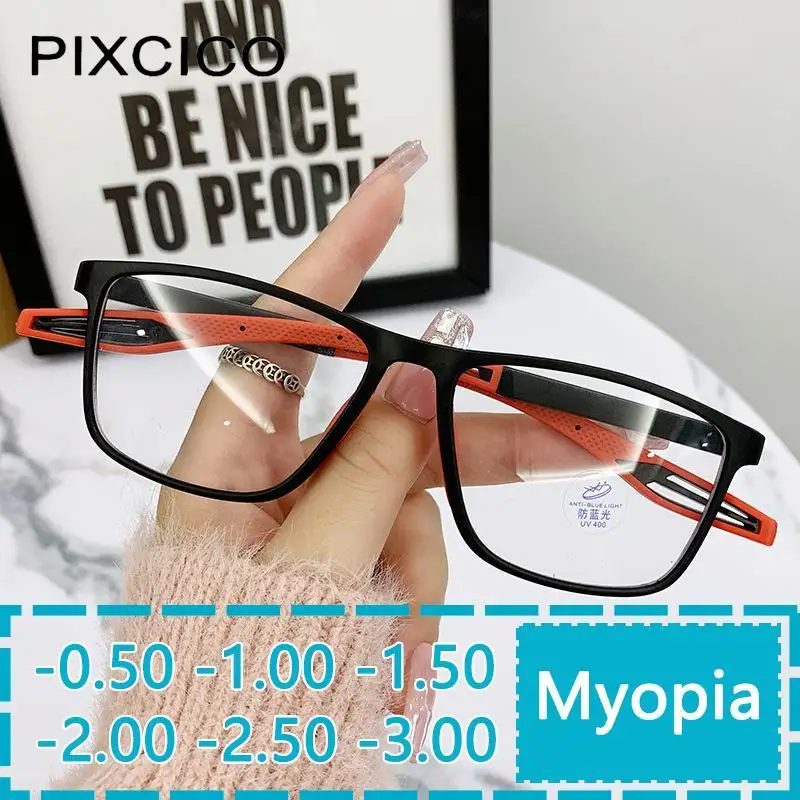 55902 lunettes de myopie finies rectangulaires rétro Sport presbyte lunettes Silicone bloquant la lumière bleue lunettes-100 -150 -200