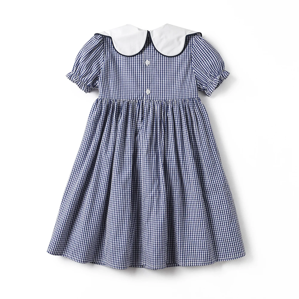 2024 Spanish Hand Made Embroidery Dress for Girls Kids Boutique Handsmocked Petal Collar Plaid Dresses Children Summer Clothes