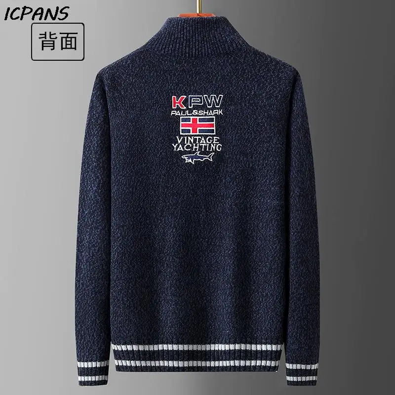 Autumn Sweater Male Shark Clothing Cotton Wool Jumpers Pullover Coats Jacquard Christmas Knitted Half Turtleneck zip