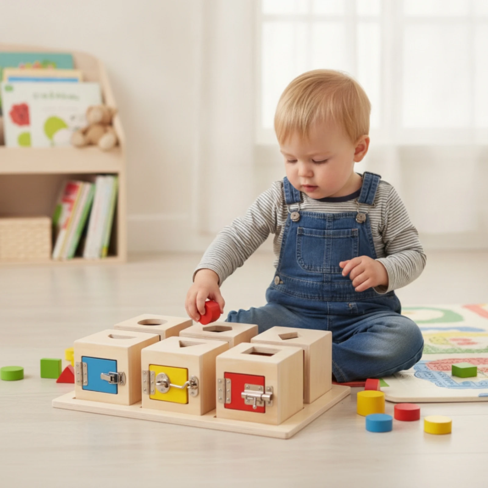 Wooden Lock Box Developmental Wooden Busy Box Shape Sorter with Locks Hand-Eye Coordination Lock and Key Toy Sensory