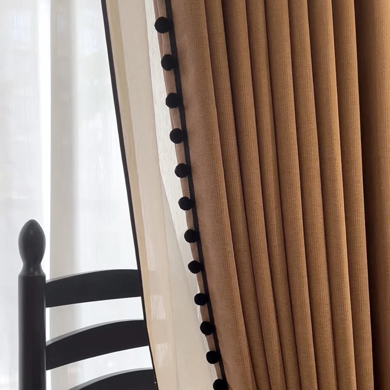 French Retro Amber Luxury Blackout Cotton Linen Curtains for Living Room Bedroom Dining Custom Size White Tulle Classic Romantic
