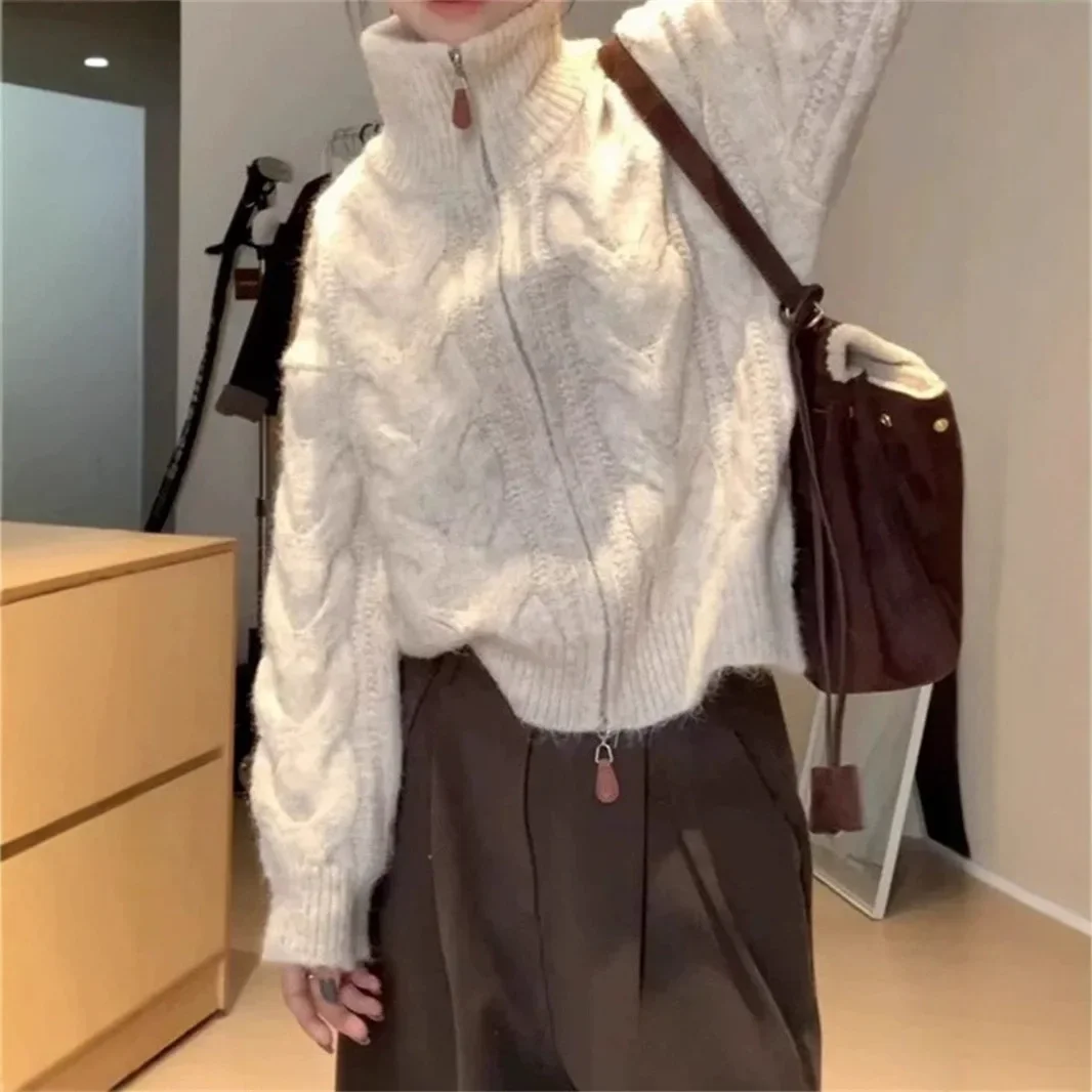 

Lazy Style Double Zipper Design Open Cardigan Outerwear Street Trend Fashion Ladies Thickened High Collar Sweater Autumn Winter