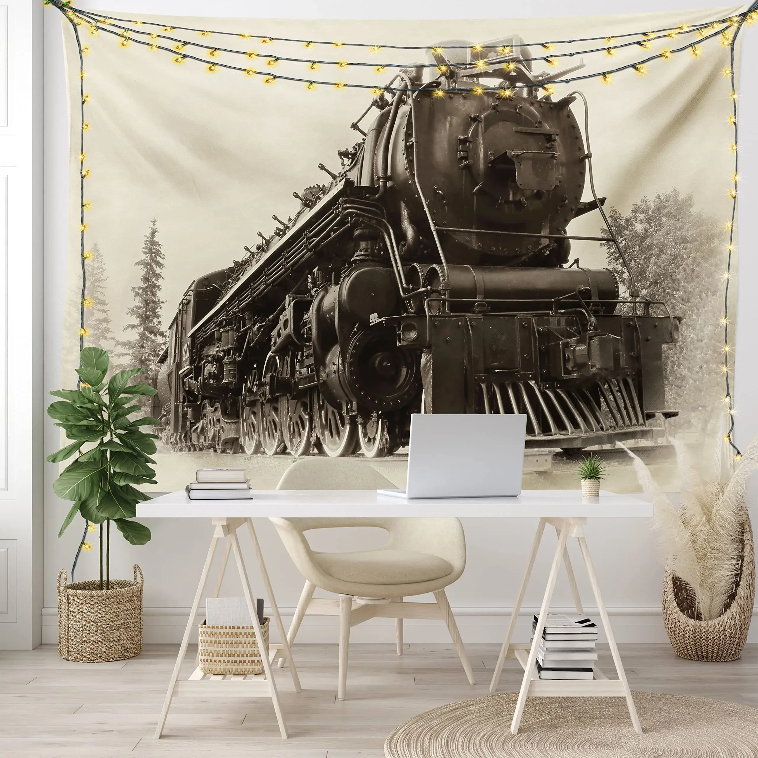 Steam Engine Tapestry, Antique Northern Express Train Canada Railways Freight Machine Wall Hanging for Bedroom Living Room Dorm