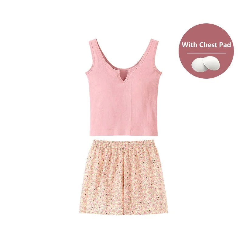 With chest pad summer sleepwear women pajamas sets sleeveless short tops + print short pants pijamas mujer vest women homewear image 2