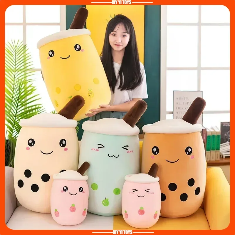 Peluches géantes de 22 à 70 cm, thé à bulles, peluche moelleuse, thé au lait, boba, oreiller, peluche, crème glacée, fruits, jus, bouteille de boisson, accessoire de décoration, cadeau