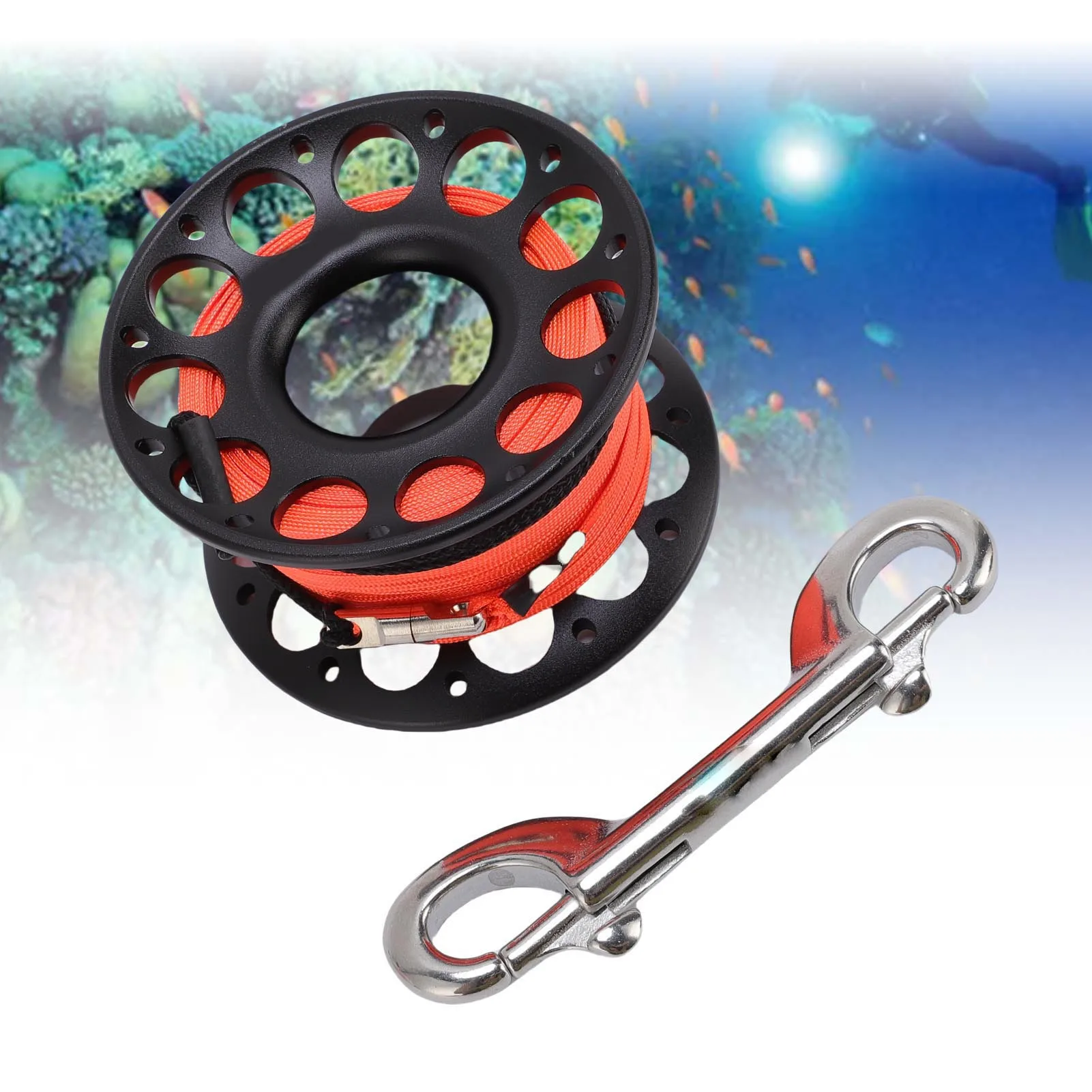 Picture 4: 30M Aluminum Alloy Scuba Diving Spool Finger Reel with Stainless Steel double ended hook Cave Tech Wreck Diving Finger Reel