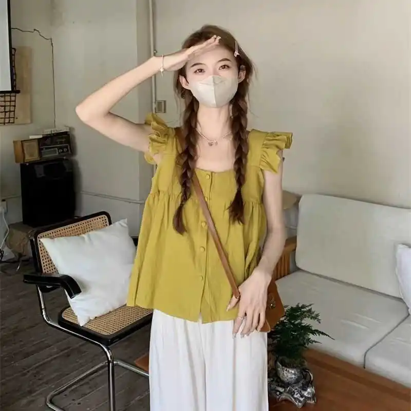 بلوزة نسائية صيفية جديدة بتصميم مطوي أنيق، فضفاضة ونحيفة، قميص كاجوال مريح وقابل للتنفس من القطن