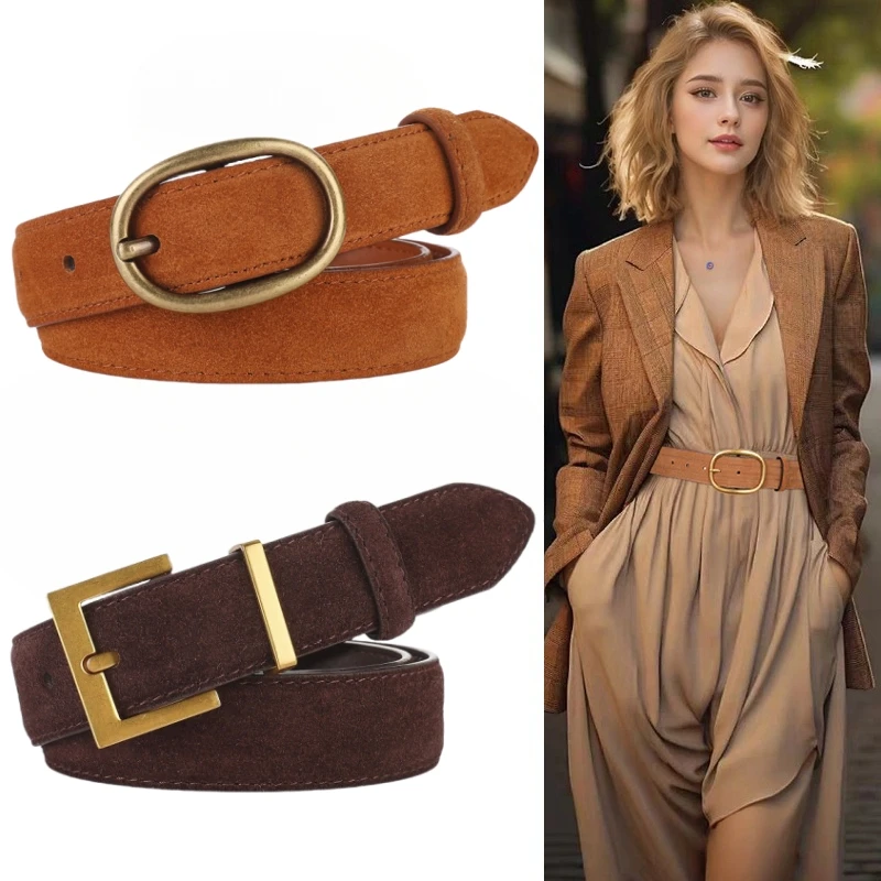 Genuine Leather Vintage Belt for Women, Snowflake Suede Cowhide, Gold Buckle, Waistband for Jeans & Dresses