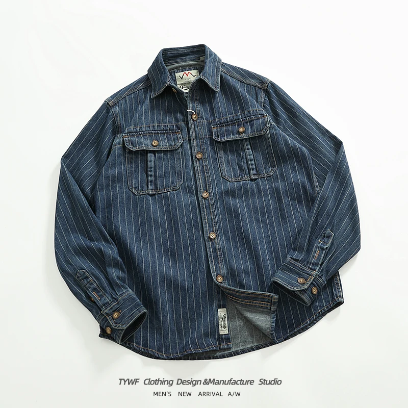 Autumn And Winter New American Retro Men's Striped Washed Old Casual Denim Jacket Fashion Loose Casual Coat