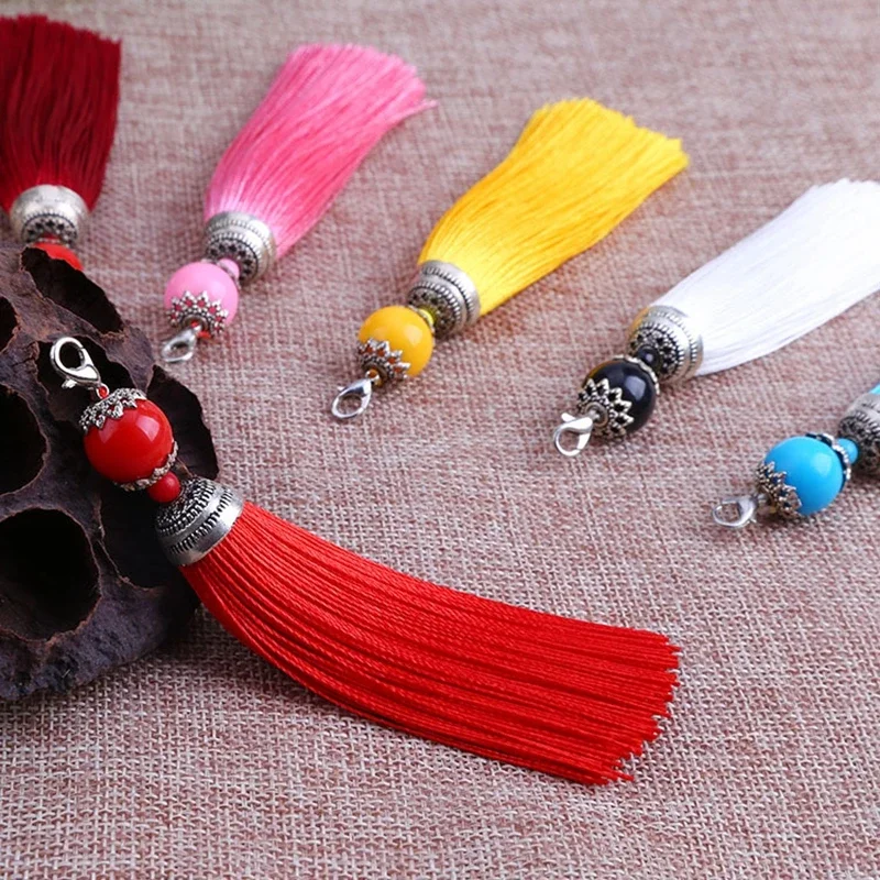 2Pcs/Lot  Lobster Clasp Tassel Silk Fringe Key Chain Beads Long Tassel Pendant for DIY Crafts Jewelry Making Home Decor