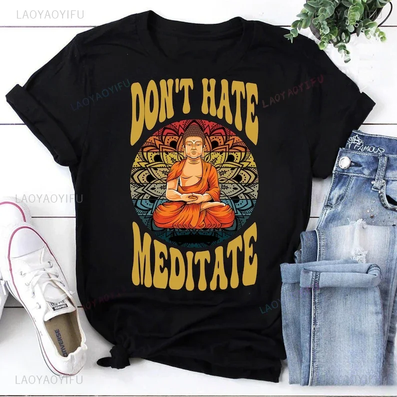 Buddha Design Meditation Printed Vintage T-Shirt Namaste Meditation Yoga Woman Cotton Shirt Meditate Buddha Buddhism Short-sleev