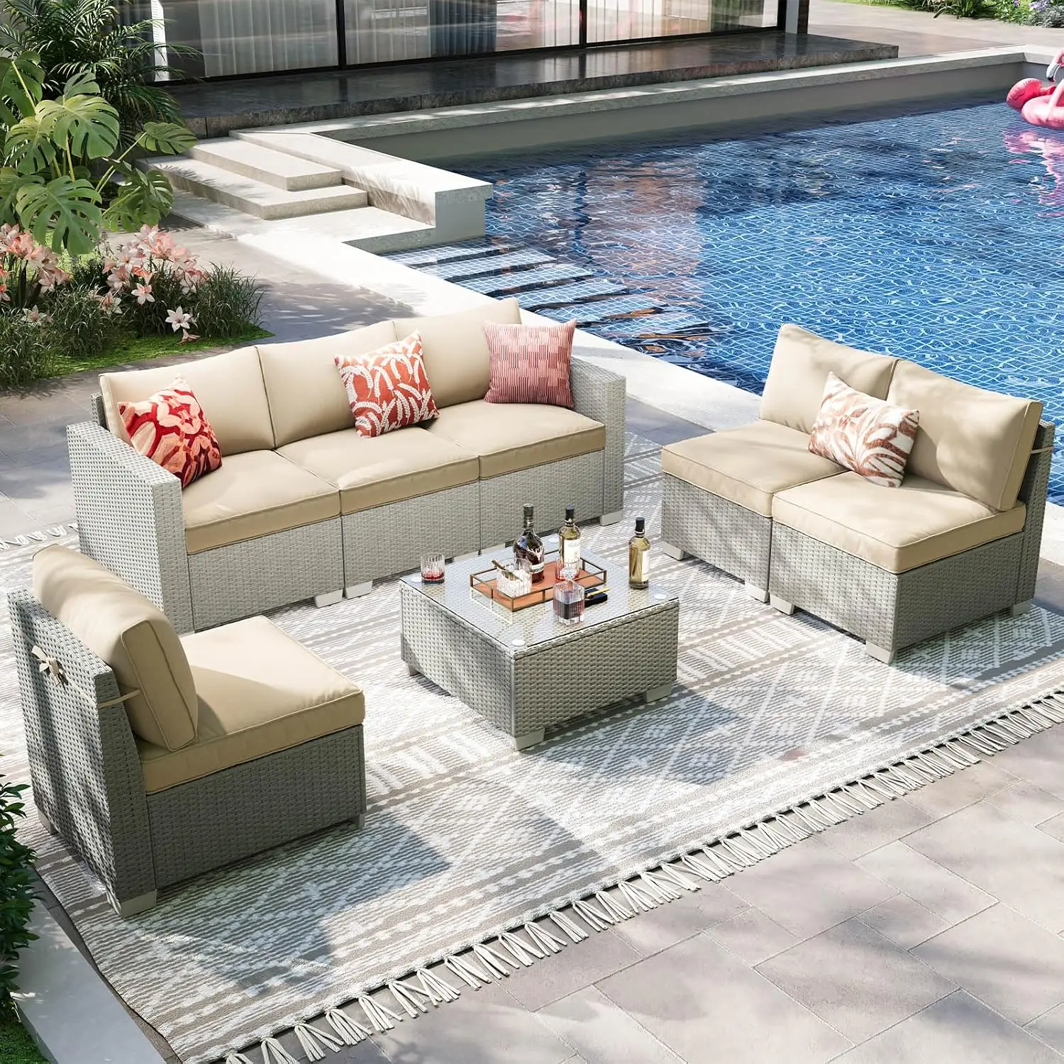 7 Piece Outdoor PE Rattan Wicker Modular Sectional Sofa with High Backrest & Wide Armrest for Backyard Balcony Deck, Customized