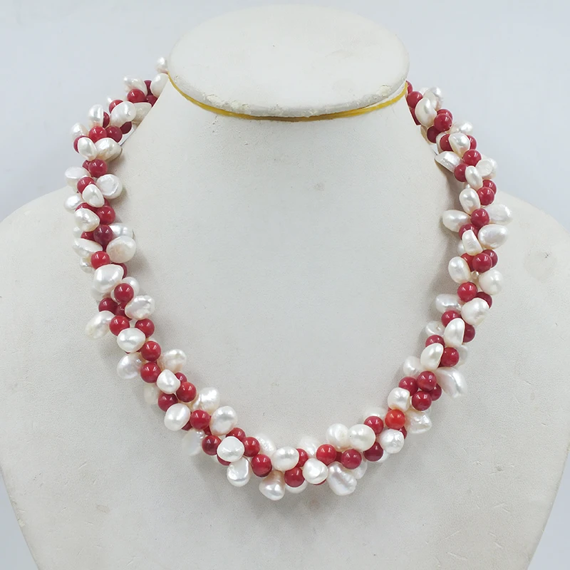 8MM natural white baroque pearl/natural red coral necklace. Luxury women's wedding jewelry 20” image 4