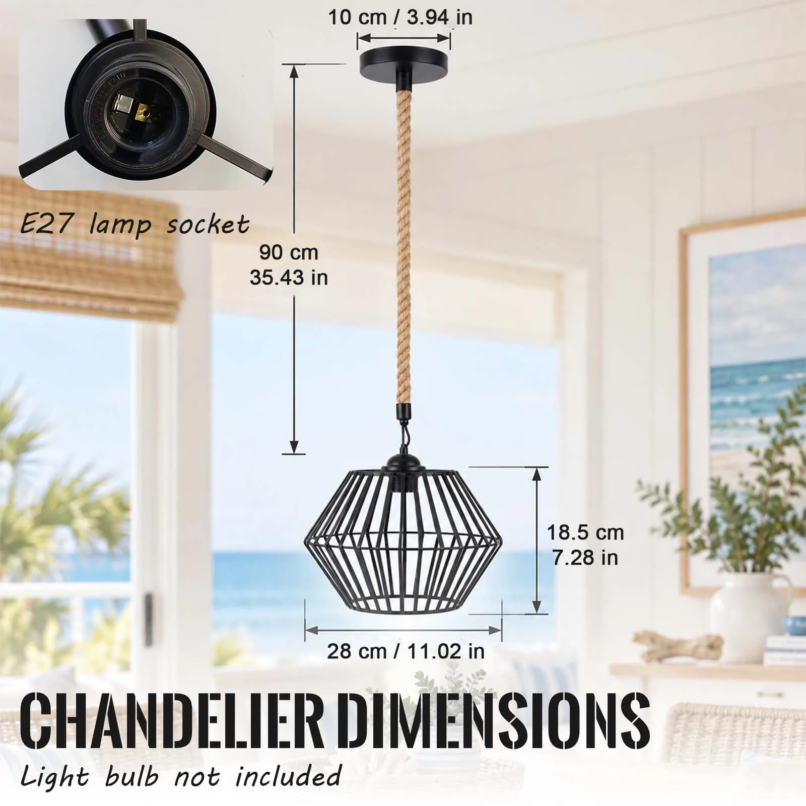 Pendant Light, Black Metal Diamond Cage, Open Frame, Jute Rope, E27, Industrial, Kitchen Island Dining Room