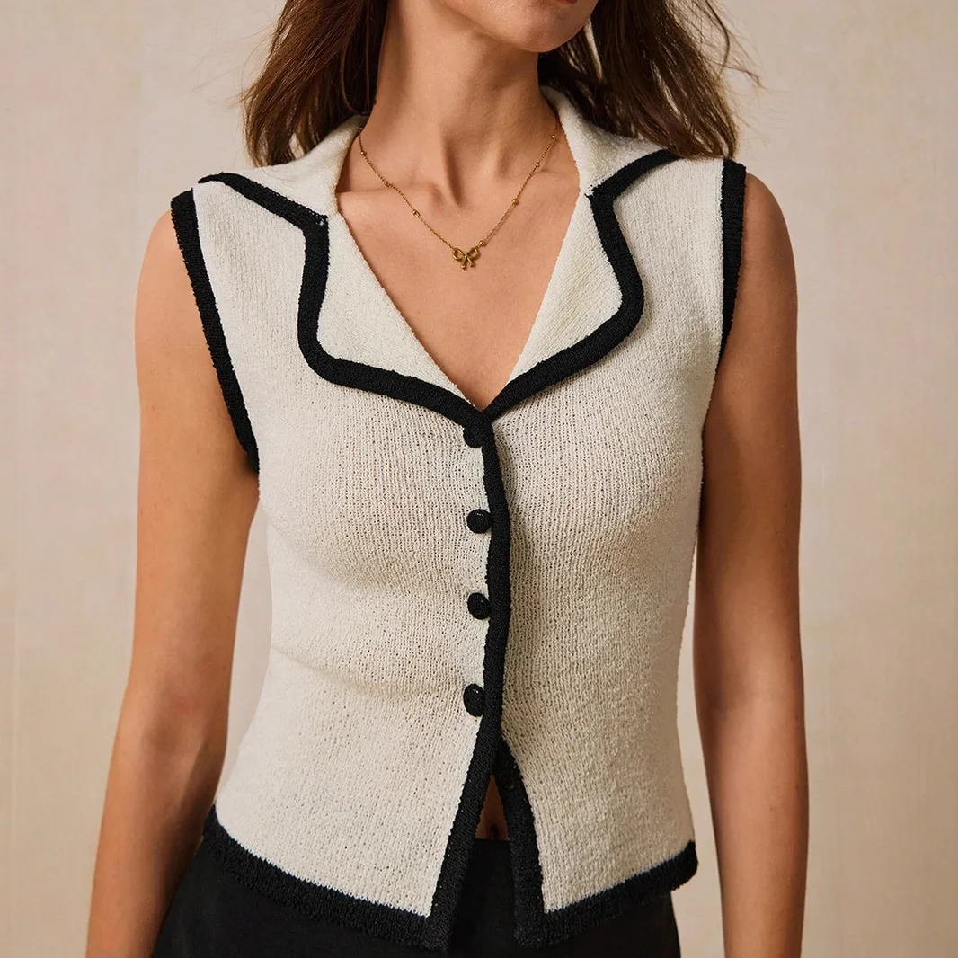 

Women Summer Simplicity Office Lady Solid Color Sailor Collar Knitting Tank Top Ladies Fashion All-match Sleeveless Sweet Tops