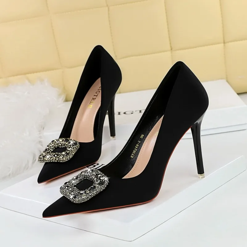 

BIGTREE Newest Style Sexy Women Pumps Pointed Toe Wedding Rhinestone Silk 10.5CM Thin Heels Elegant Professional Women's Shoes