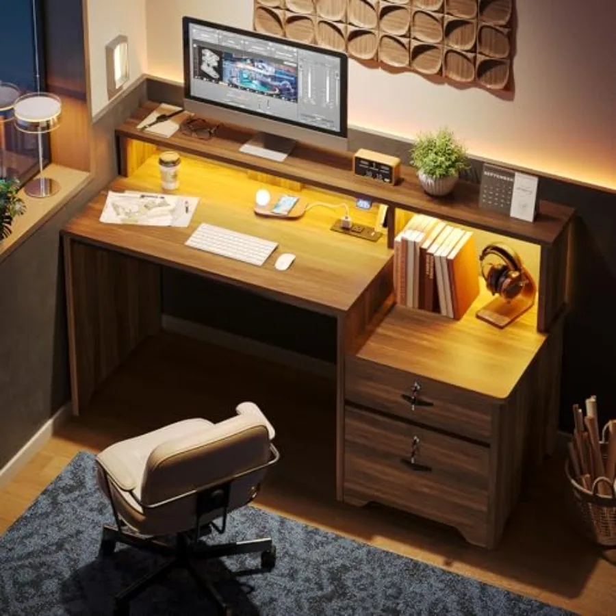 55-Inch Computer Desk for Home Office Use, Engineered Wood in Walnut Finish, Features Lockable File Drawer and Built-in Chargin