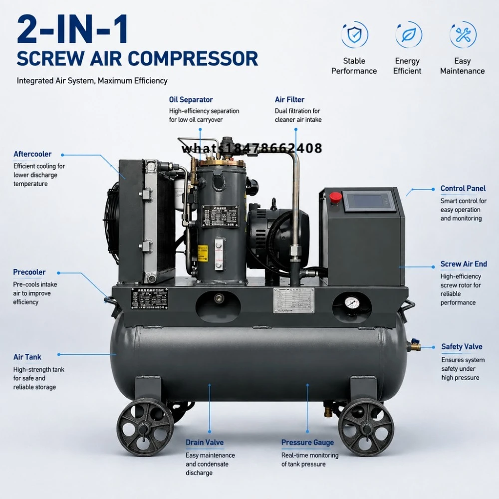 VSD Screw Air Compressor 7.5kW 10HP 40CFM 120PSI 120L Tank Casters 380V 50Hz 3 Phase All-in-One for Auto Truck Tire Service