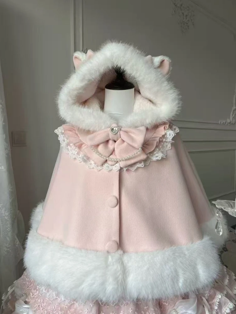 Sweet Lolita Women Pink Hooded Cape Cat Ear Design Faux Fur Edge Bow Lace Pearl Decor Winter Warm Cloak Party Outerwear New