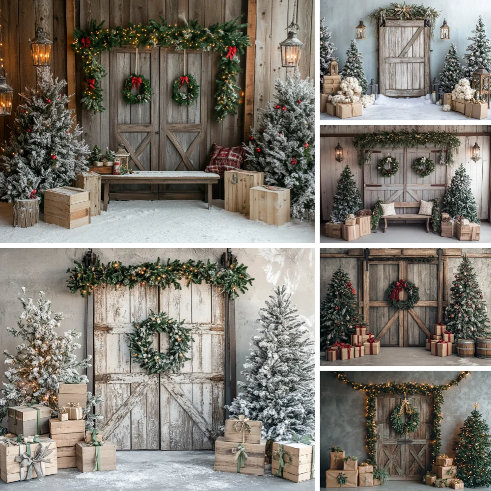 

Winter Christmas Barn Door Backdrop Photography Wreath Wooden Door Family Baby Photo Photo Background Party Decor