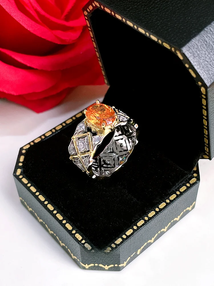 Anel de prata 925 laranja para mulheres, renda oca, diamante de alto carbono, corte de gelo elegante e luxuoso, high-end