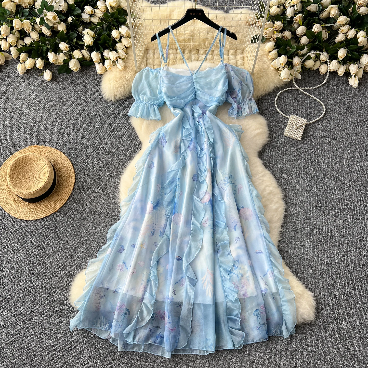 Summer Sexy Beach Holiday Dress for Women Off the Shoulder Layered Ruffle Bohemian Slash Neck Blue Traf New In 2024 Chic