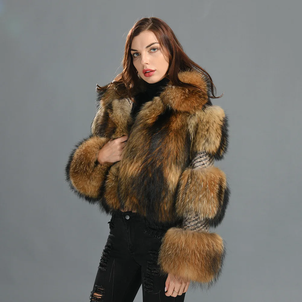 Hot Sale Wool Knitted New Winter Women's Short Fashion Zipper Collar Raccoon Coat