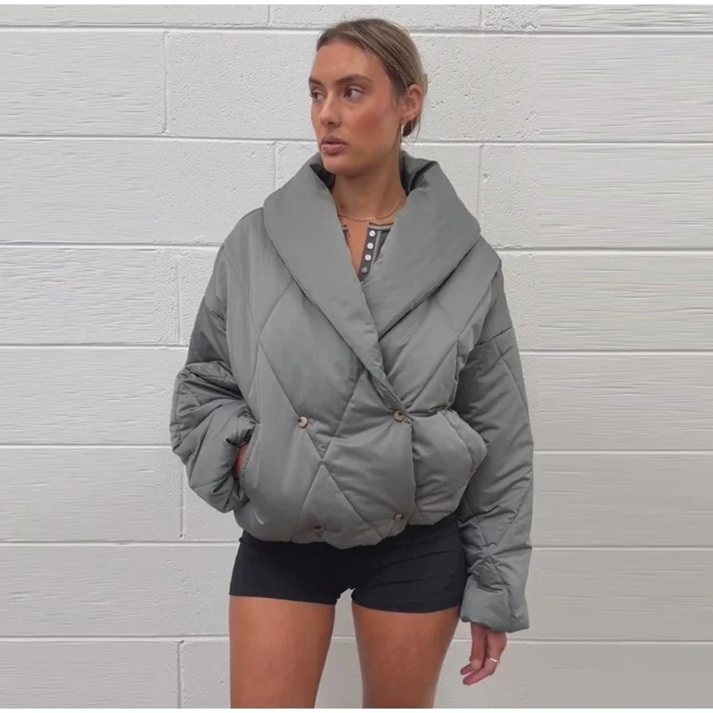 Übergroße Gesteppte Jacke mit Revers für Damen, Streetwear, Langarm, Doppelreihig, Locker Sitzende Mäntel, Modische Damen-Oberbekleidung, Neuheiten – Detail 1