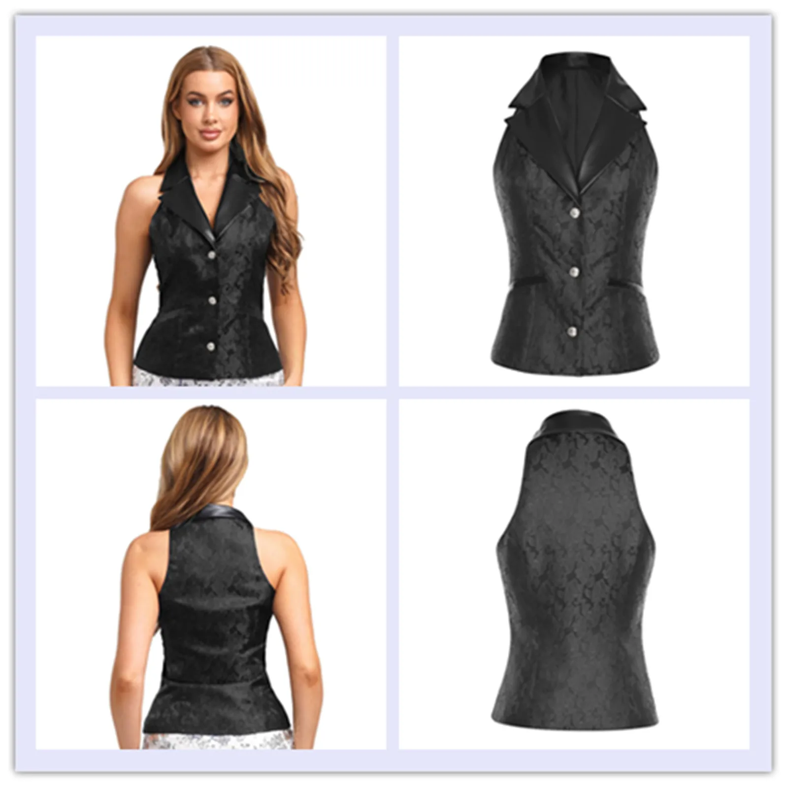 

Womens Retro Jacquard Waistcoat Slim-fit Vest Top Leather Notch Lapel Vest Medieval Vintage Renaissance Gothic Vicotiran Costume