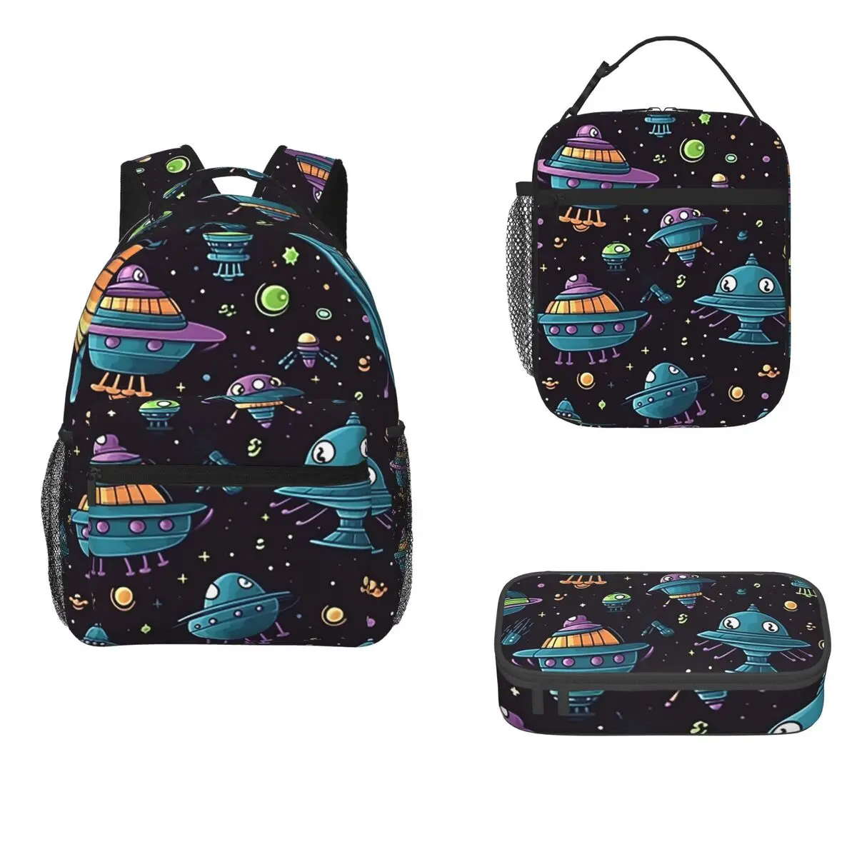 Cute Intergalactic Space UFO Backpacks Boys Bookbag Students School Bags Cartoon Kids Rucksack Lunch Bag Pen Bag Three-Piece Set