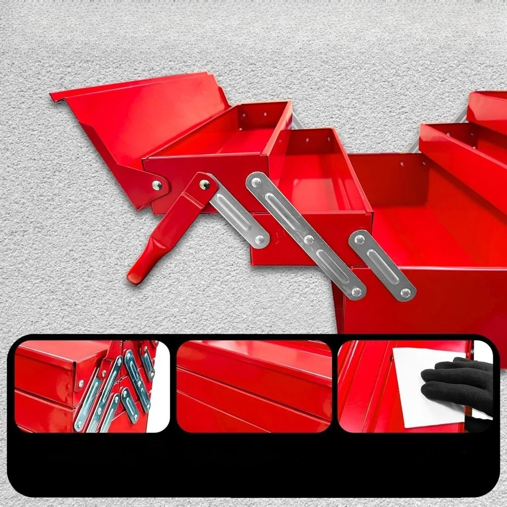 18-inch metal cantilever toolbox, three-layer five-compartment portable folding tool box organizer, suitable for home workshops