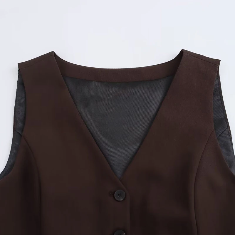 Willshela Women Fashion Brown Single Breasted Sleeveless Jacket Vintage V-Neck Vest Female Office Lady Waistcoats