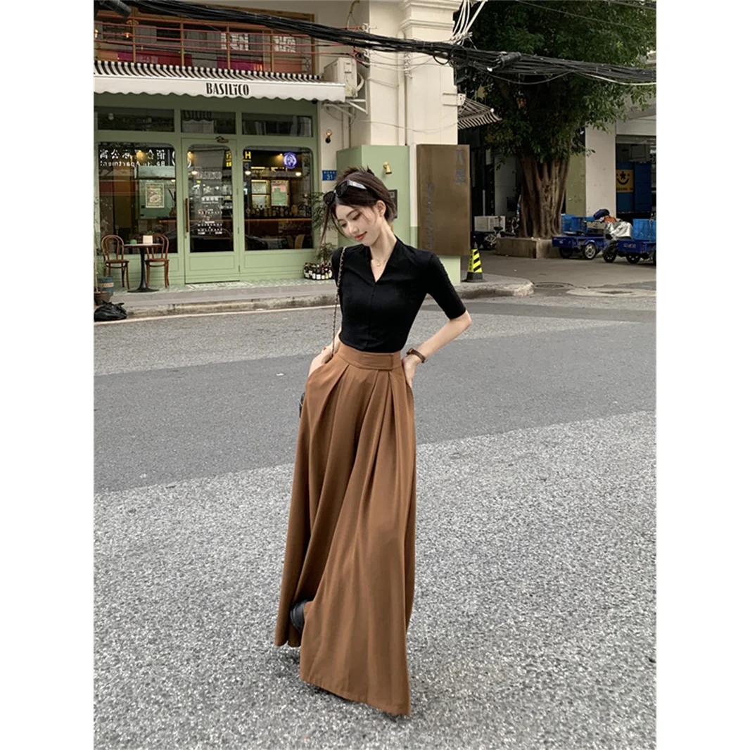 2025 spring and summer new women's slim fit black top+fashionable wide leg pants two-piece set