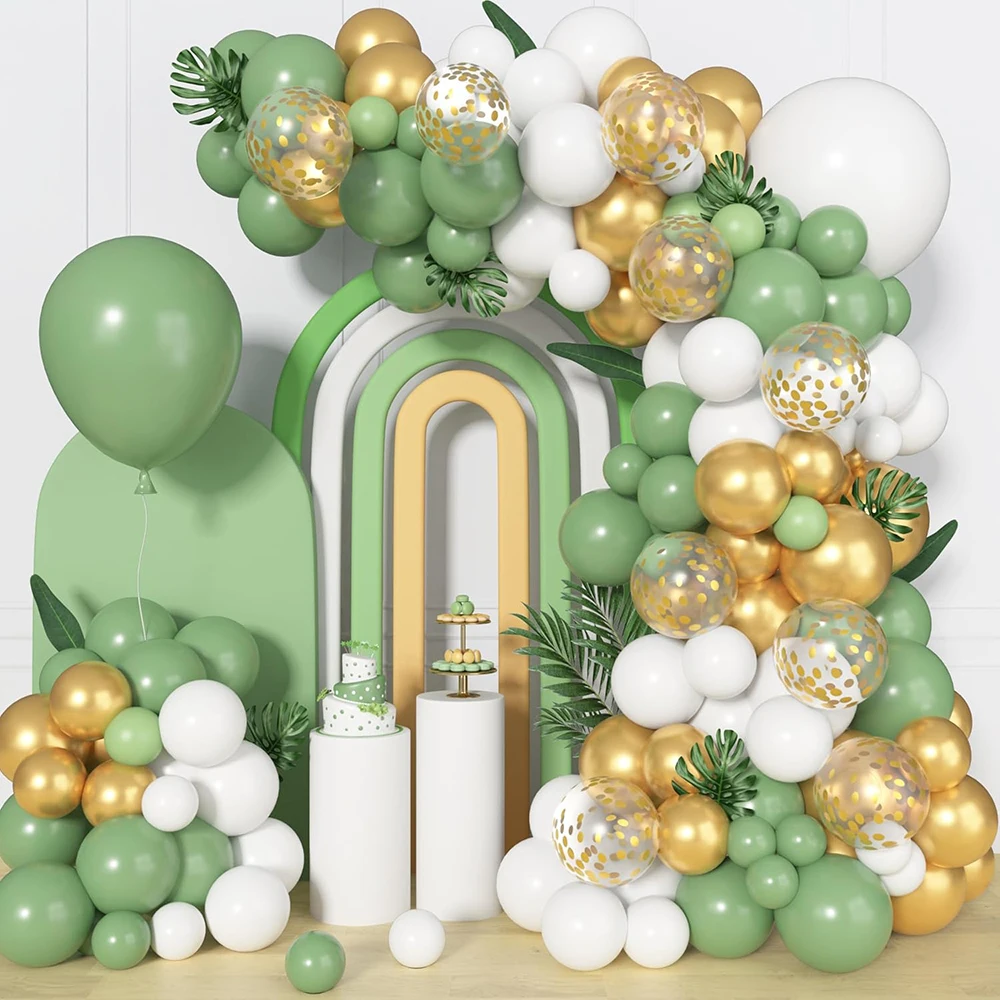 Green Jungle Safari Theme Balloons Garland Sage Green White Gold Confetti Ballon Arch Kit Home Birthday Party Wedding Decoration