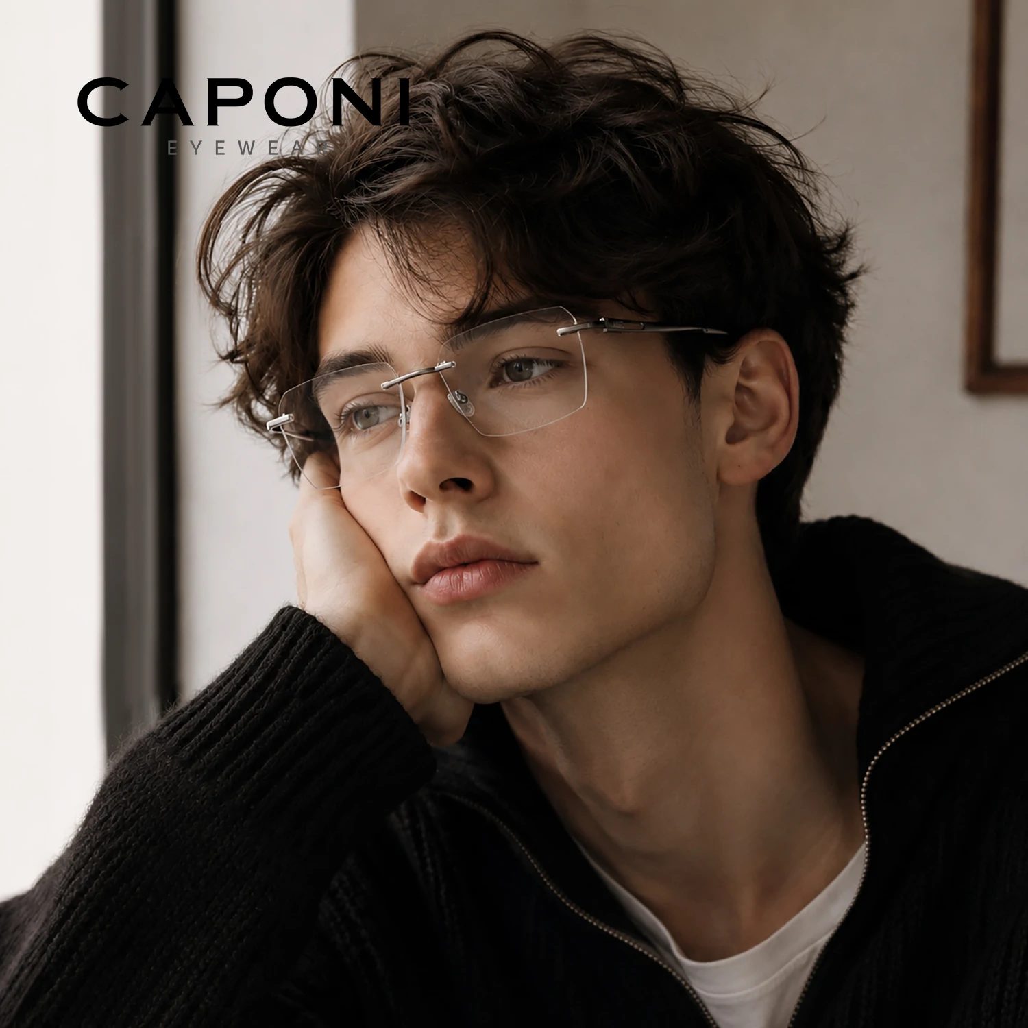 CAPONI Men Glasses Frame Pure Titanium Light Weight Anti Blue Ray Business Glasses Designer Rimless UV400 Glasses Frames J36408