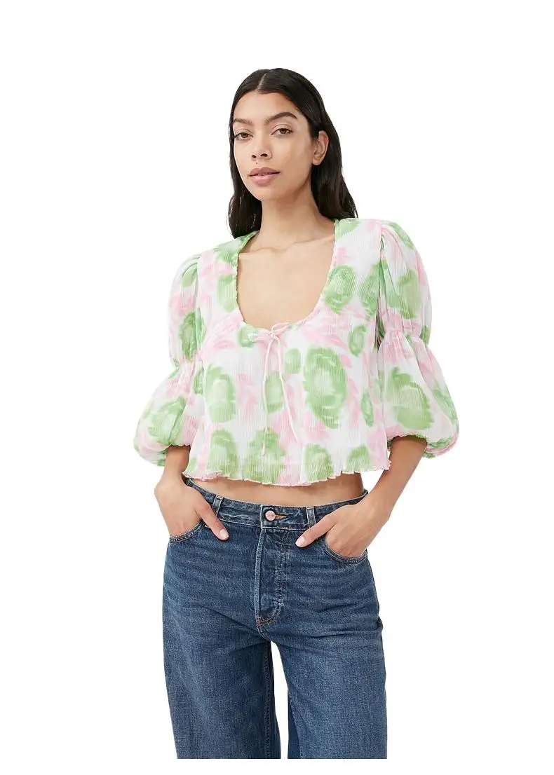 Women's Fashion Sexy Pink Green Printed Pleated Chiffon shirts Korean sweet Three quarters sleeve Flower blouse  light pink tops