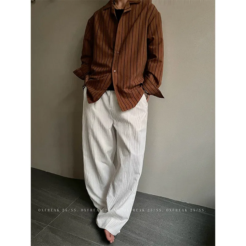 Black Casual Pants Men Fashion Oversized Wide Leg Pants Men Streetwear Korean Loose White Pleated Pants Mens Trousers M-3XL