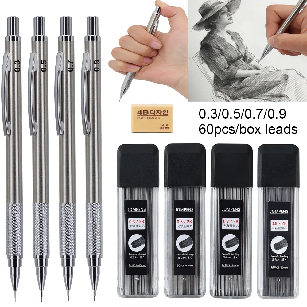0,3/0,5/0,7/0,9mm Metall-Druckbleistifte-Set mit 2B Minen-Nachfüllungen, Rutschfester Automatikbleistift für Schule und Schreibwaren