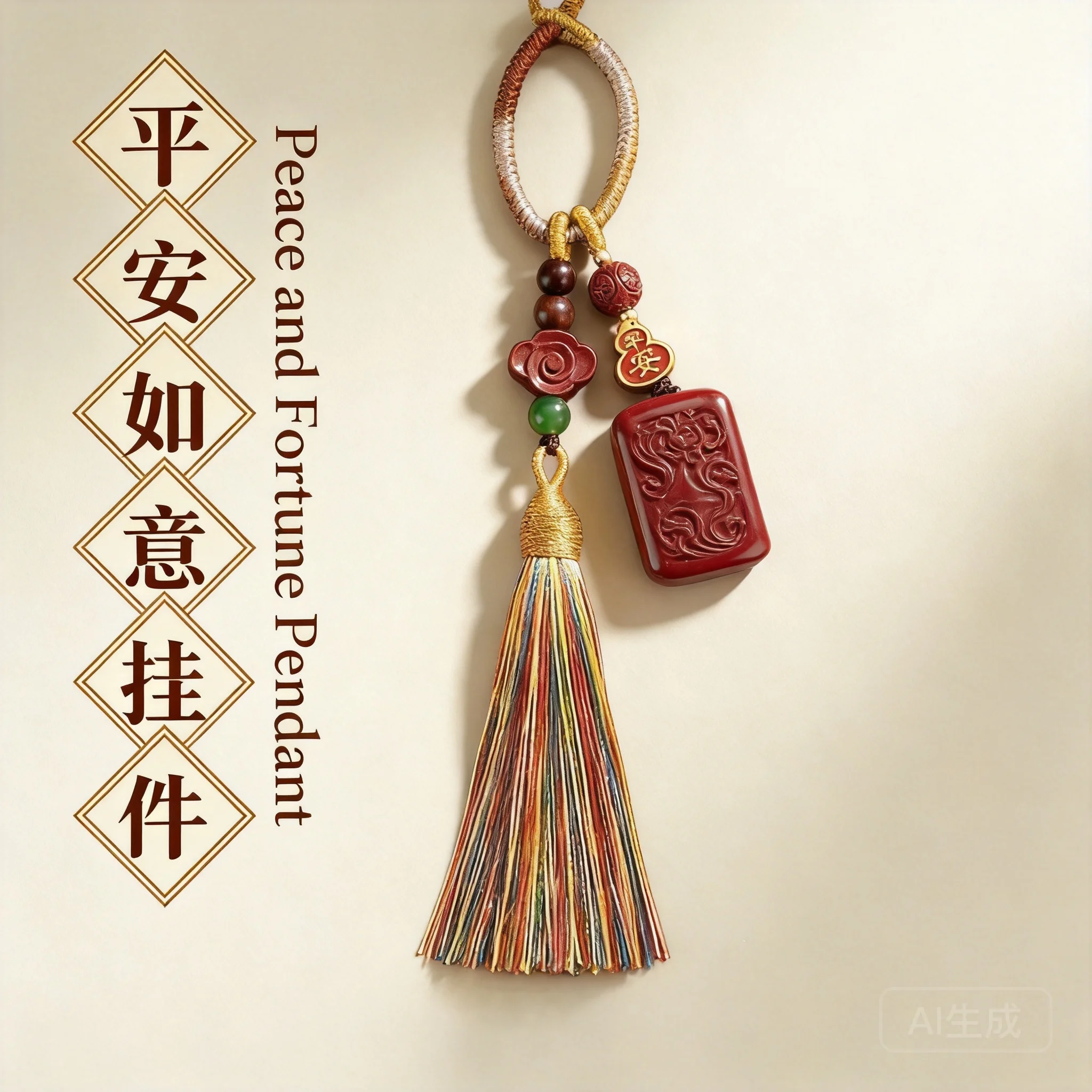 Chinese Style Lucky Cinnabar Peace Tag Keychain 99 High Content Purple Gold Cinnabar Blessing Tassel Pendant Bag Car Key Ornamen