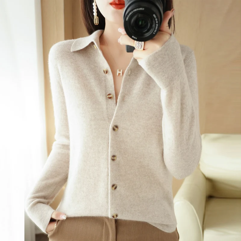 Spring And Autumn New Fine Imitation Wool Knit Cardigan Women Lapel Solid Color Sweater Fashion Temperament Thin Tops Versatile