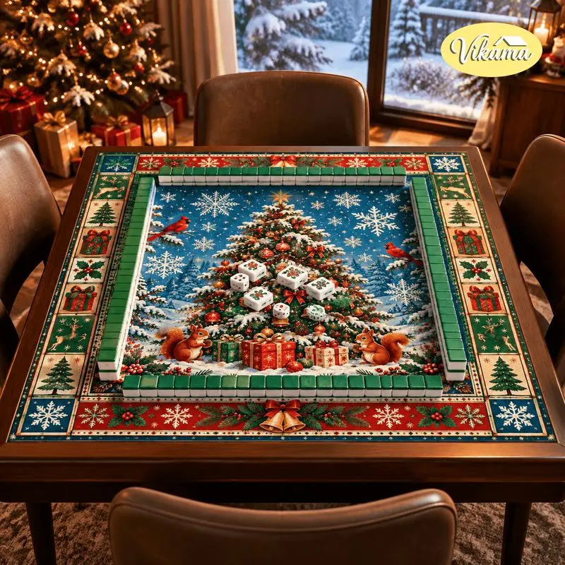 VIKAMA Christmas Mahjong Mat Tree Snowflakes Bird Squirrel Washable Folding Mahjong Tablecloth Table Pad Xmas Home Decor