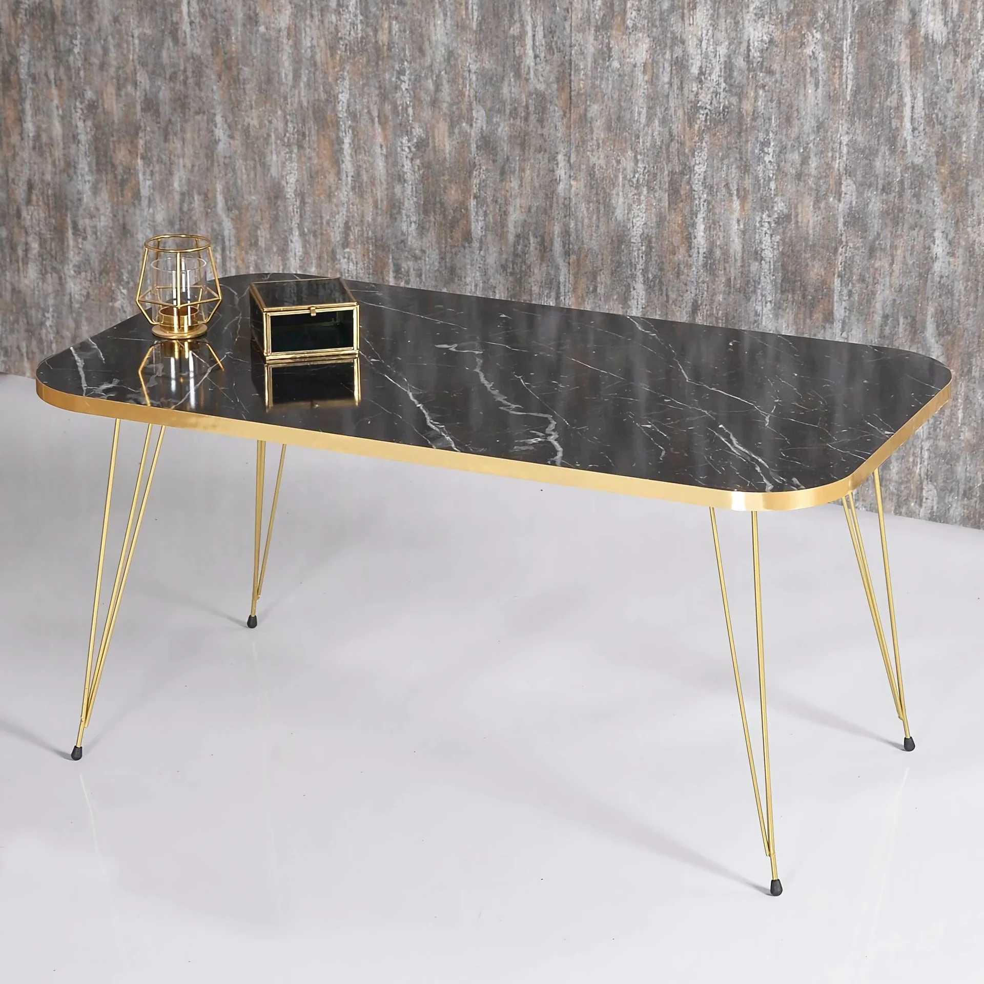 GOLDFALEZ 3 PCs Zigon Tea Coffee Table And Medium Sofa Set Gold Metal Flip Multi-Purpose Use Quality Material Black Marble