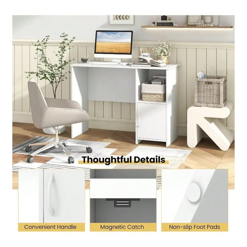 

Desk, Office Desk, Small Computer Desk, White Desk With Storage Cabinet Shelf, Compact PC Laptop Table Workstation, Makeup Vani