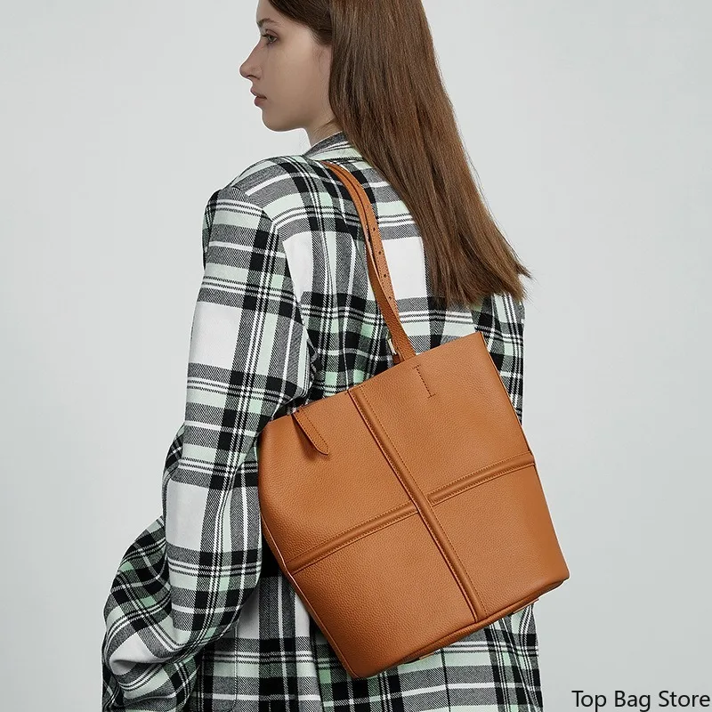 Vintage Work Tote Bag for Women Top Grain Leather Convertible Adjustable Crossbody Strap with Detachable Pouch Luxury Handbag